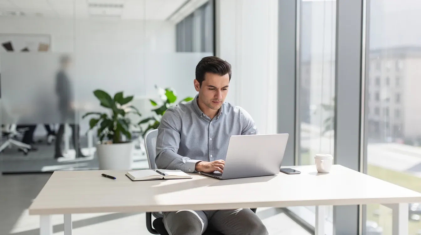 L'image montre un professionnel concentré, travaillant sur un ordinateur portable dans un bureau moderne et lumineux, entouré d'outils de rédaction et…