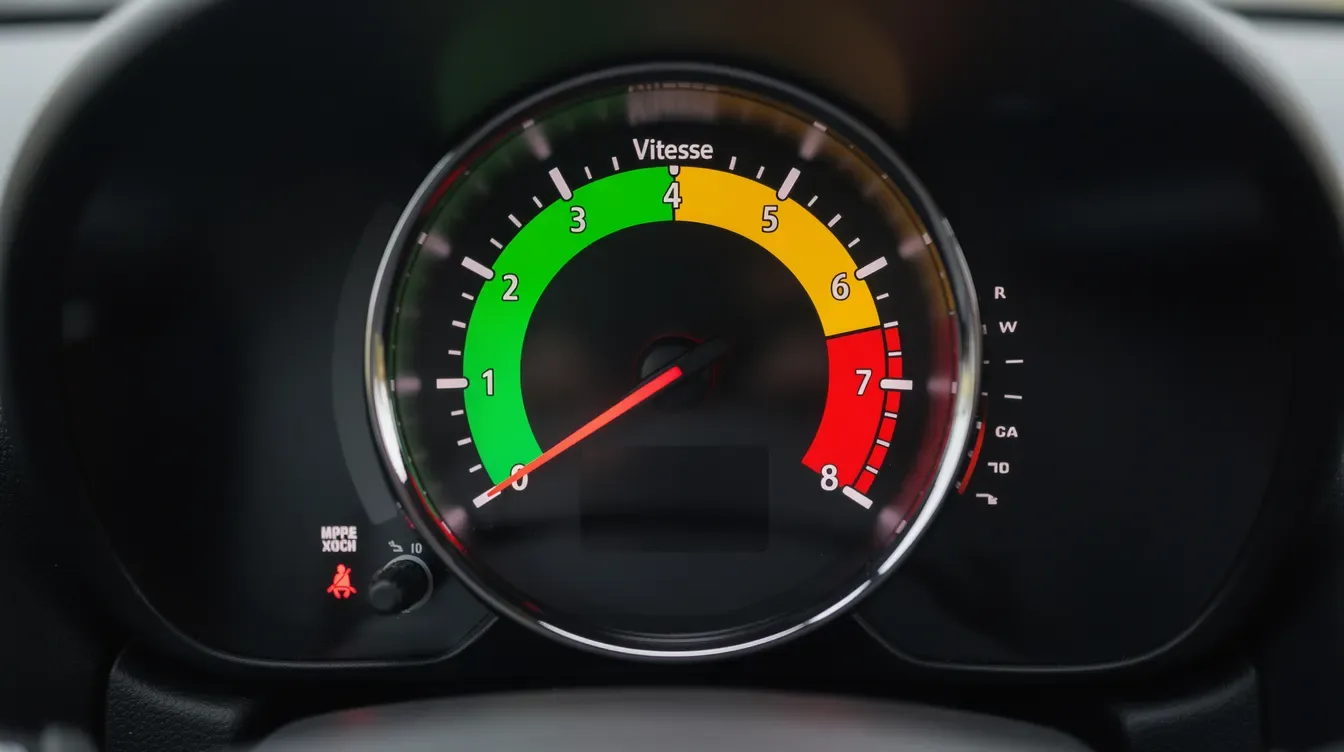 L'image montre un compteur de vitesse avec une aiguille positionnée dans la zone verte, indiquant une vitesse optimale.