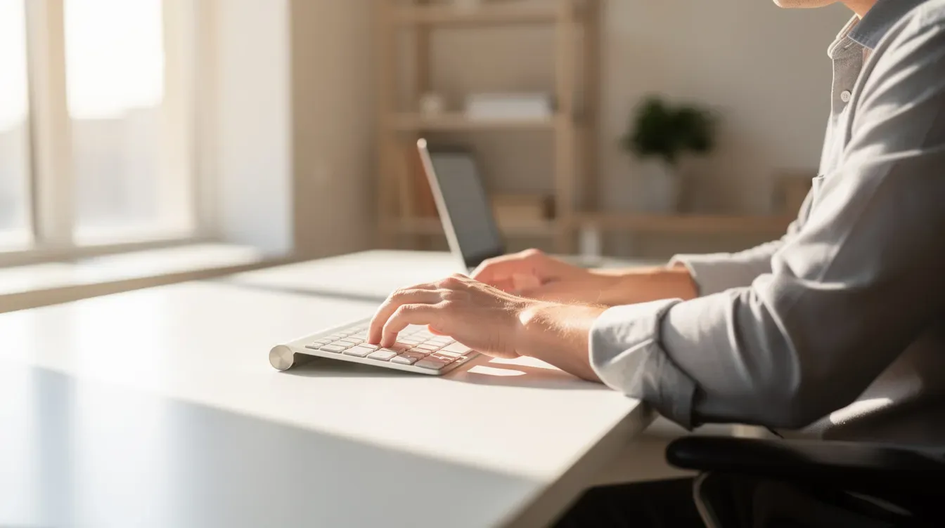 Une personne est assise à un bureau lumineux, concentrée sur son ordinateur portable, en train de taper sur un clavier.