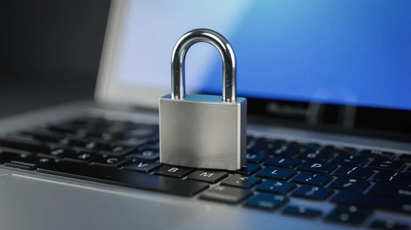 L'image montre un cadenas posé sur un clavier d'ordinateur portable, symbolisant la sécurité des sites web et la protection des données sensibles contre les…