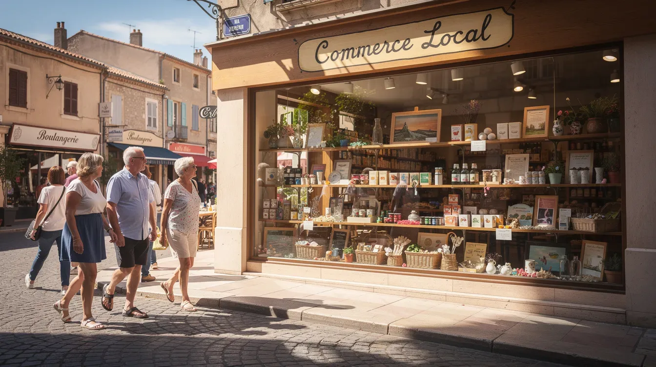 Une vitrine de commerce local est mise en valeur dans une rue piétonne ensoleillée, où des passants flânent, créant une ambiance animée.