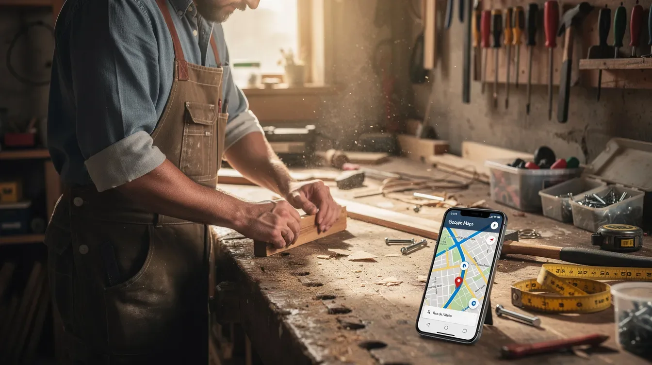 Un artisan est en train de travailler dans son atelier, concentré sur ses tâches, tandis qu'un smartphone est posé sur l'établi, affichant une carte Google…