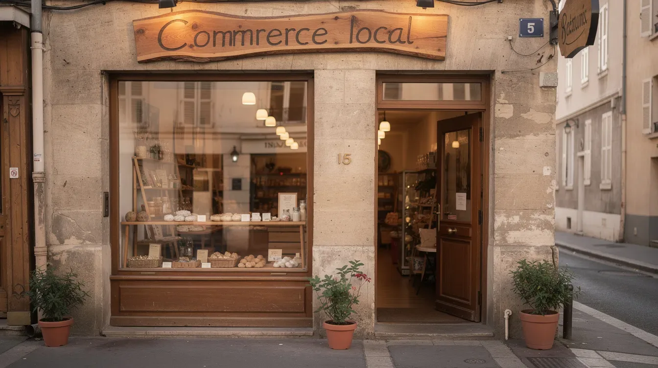 L'image montre la devanture d'un commerce local avec une enseigne artisanale bien visible et une porte ouverte, invitant les clients à entrer.