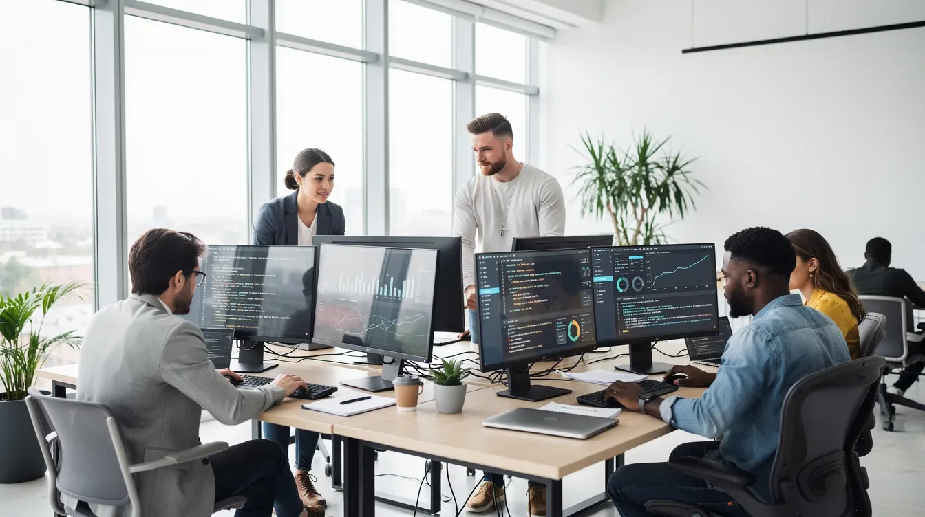 Une équipe dynamique travaille ensemble devant des écrans d'ordinateur dans un bureau moderne et lumineux, se concentrant sur des stratégies de…